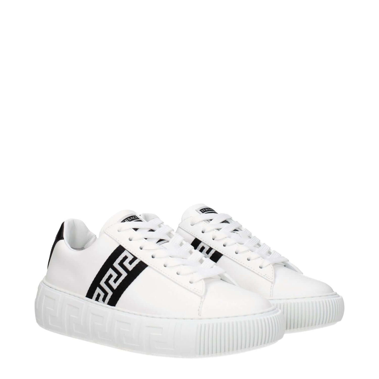 Versace White Leather Low Top Sneakers with black accents, front logo, and lace-up closure, showcasing a stylish casual design.