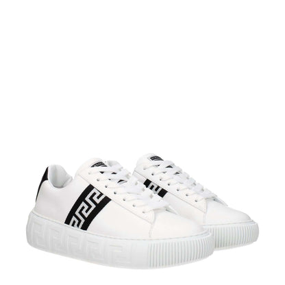 Versace White Leather Low Top Sneakers with black accents, front logo, and lace-up closure, showcasing a stylish casual design.