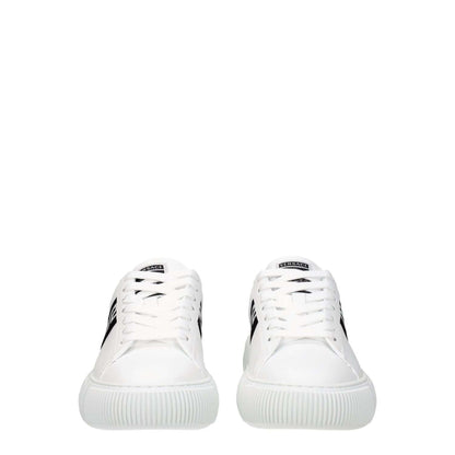 Front view of Versace White Leather Low Top Sneakers with black accents and round toe, featuring lace-up closure and rubber sole.