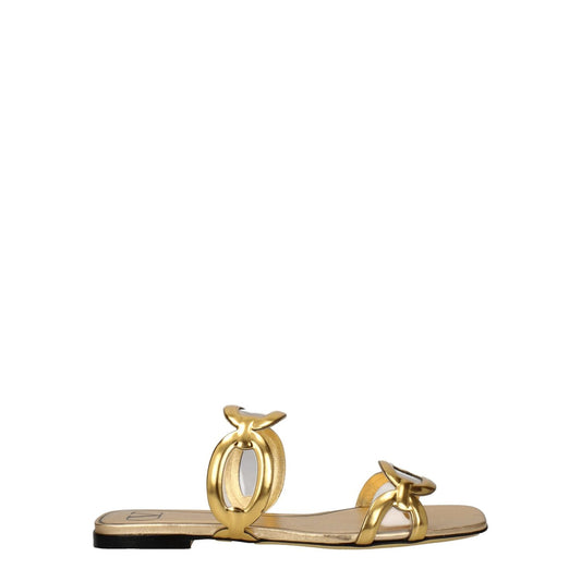 Valentino Garavani Gold Leather Slippers, open toe, low flat heel, luxury casual design, MPN S0GK2NHEV3L, stylish gold leather clogs.