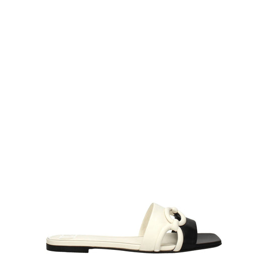 Valentino Garavani Black Leather Slippers with ivory accents, open toe, flat heel, and leather sole, product code F78162, MPN S0GH7ZUC790.