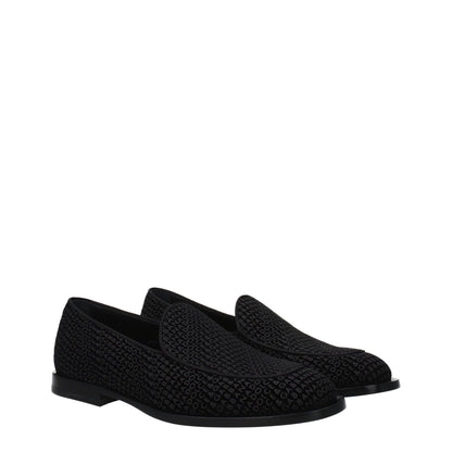Dolce & Gabbana Black Velvet Slip-On Loafers with leather sole and round toe, featuring logo and low flat heel.