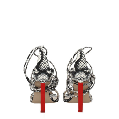 The Attico White Leather Stiletto Heel Sandals with snake print and vintage effect, self tie closures, and high heel design.