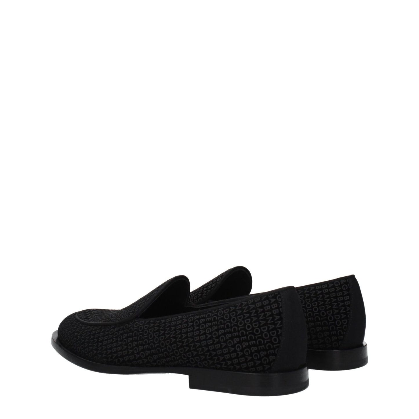 Dolce & Gabbana Black Velvet Slip-On Loafers with leather sole and round toe, low flat heel, featuring logo design.