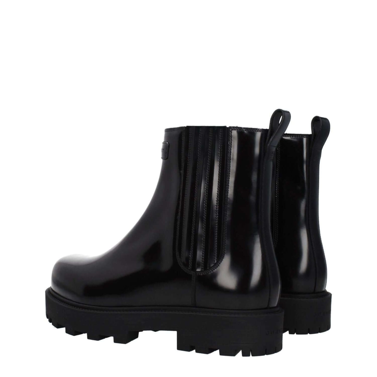 Alt Tag: Givenchy Black Leather Ankle Boots with logos, round toe, and mid heels. Features rubber sole and 4 cm heel height. Casual style.