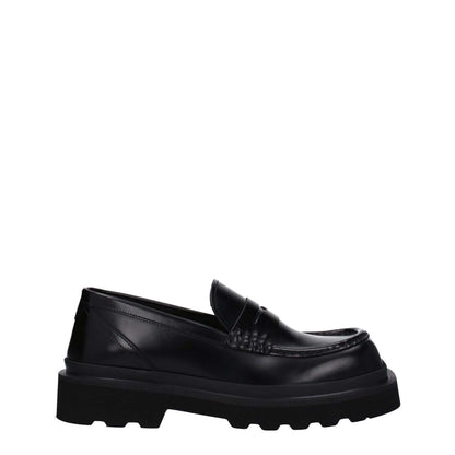 Dolce & Gabbana Black Leather Slip-On Loafers with square toe and rubber sole, mid heel style.