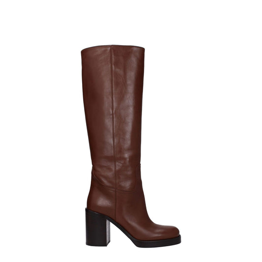 Prada Brown Leather High Heel Boots with round toe and 9 cm heel, featuring cognac color accents.
