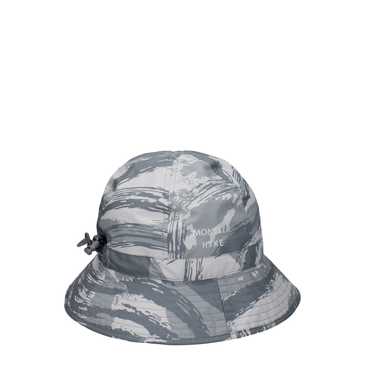 Moncler Gray Polyester Bucket Hat with front logo and drawstring closure, sporty glam style, designed with 100% polyester material.