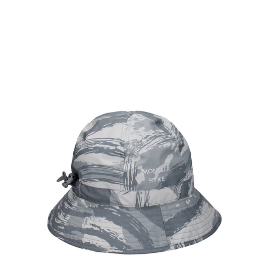 Moncler Gray Polyester Bucket Hat with drawstring closure and front logo, sporty glam design, item code 3B00001596I0F92.