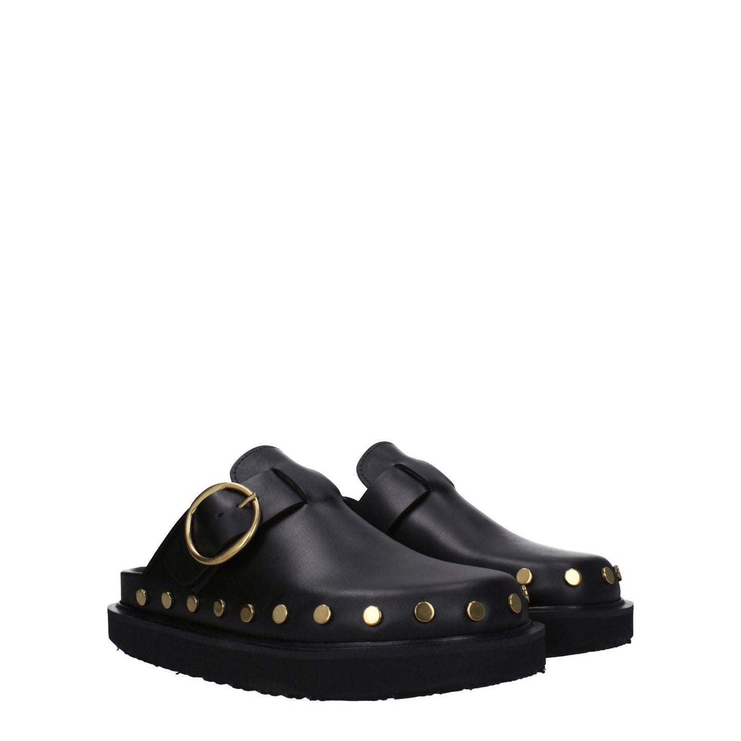 Isabel Marant Black Leather Slippers with gold studs, vintage effect, buckle closure, and rubber sole.