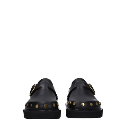 Isabel Marant Black Leather Slippers with studs, vintage effect, buckle closure, and round toe design, MPN ML0009FAA3B19SBKGO, gold details.