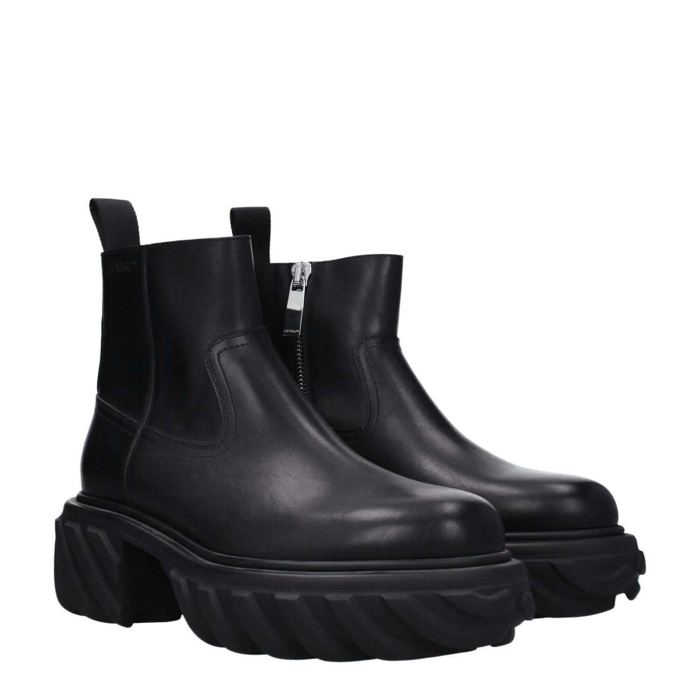 Off-White Black Leather Ankle Boots with side logo, zip closure, rubber sole, 6 cm mid heel, round toe, designed for casual style.