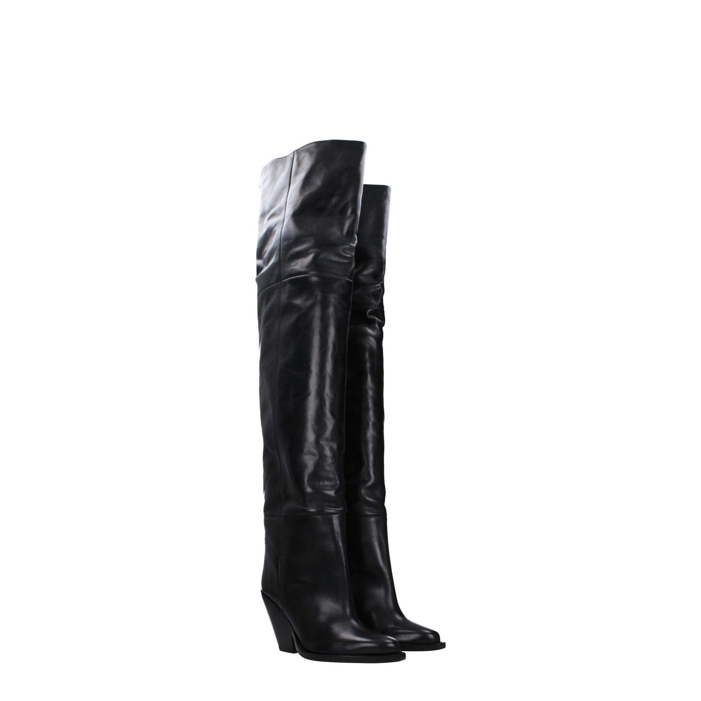 Isabel Marant Black Leather Over The Knee boots with high heel, casual style, square toe, and leather sole.
