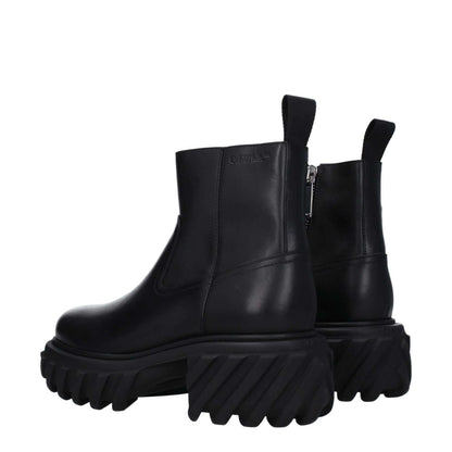 Off-White Black Leather Ankle Boots with zip closure and rubber sole