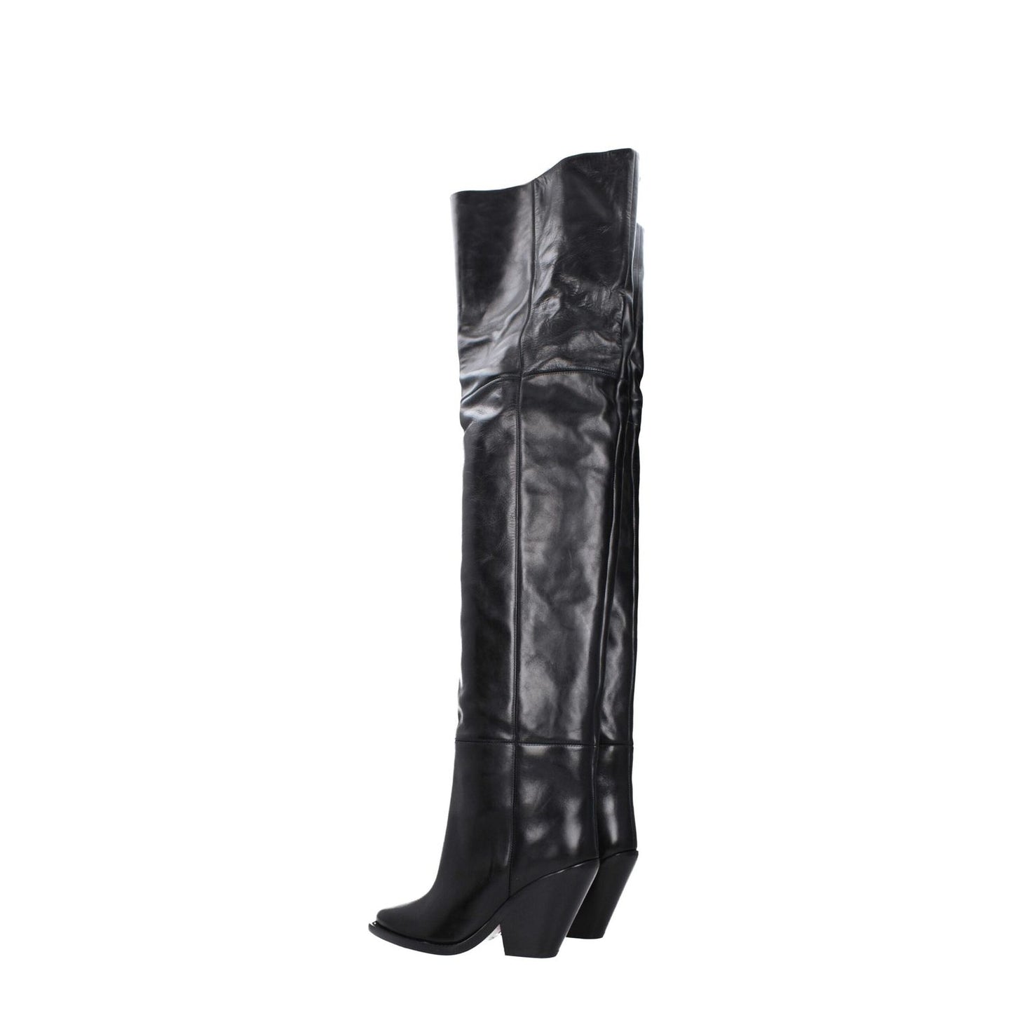 Isabel Marant Black Leather Over The Knee boots with high heel and square toe, designed for casual style with leather sole.