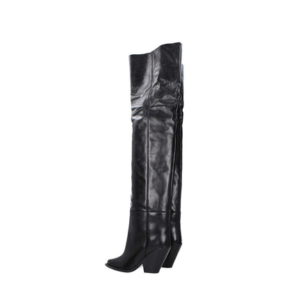 Isabel Marant Black Leather Over The Knee boots with high heel and square toe, designed for casual style with leather sole.