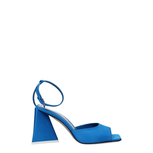 The Attico Blue Satin Stiletto Heel Sandals with buckle closure, open toe, leather sole, mid heel, and turquoise accents.