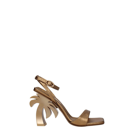 Palm Angels Gold Leather Platform Sandals with buckle closure, high heel, and open toe design.