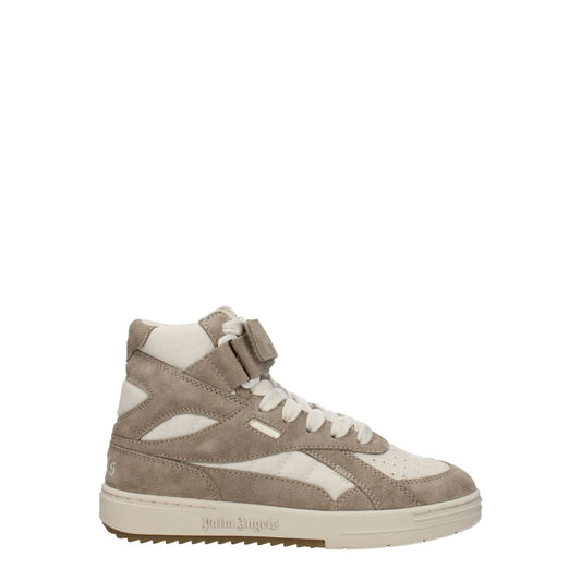 Palm Angels Beige Leather High Top Sneakers with strap closure, suede finish, low flat heel, round toe, and rubber sole.
