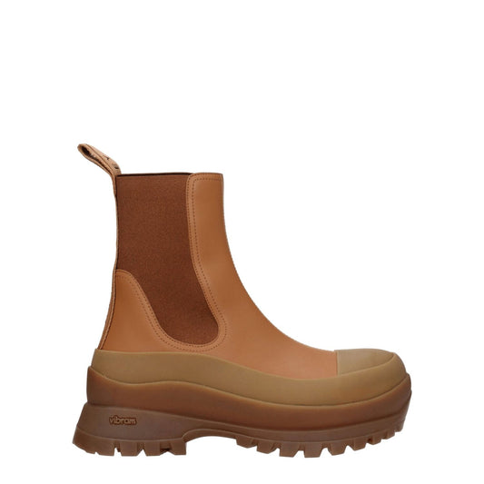 Stella McCartney Brown Leather Ankle Boots with eco leather and rubber sole, mid heels, round toe, casual style, back logo feature.