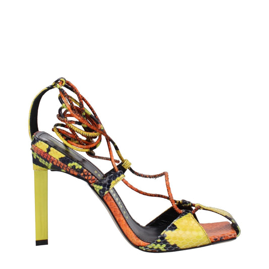 The Attico Orange Leather Stiletto Heel Sandals with vintage effect, snake print, and self-tie design.