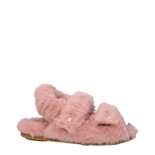 Max Mara Pink Fur Flat Sandals with side logo, eco fur material, strap closure, and rubber sole, ideal for casual style.