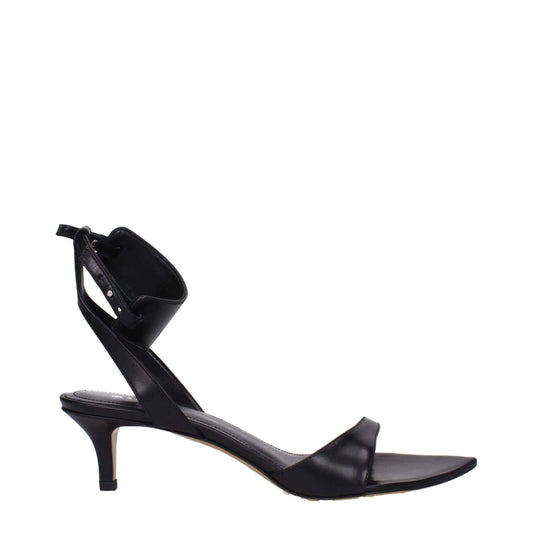 Isabel Marant Black Leather Sandals with buckle closure, mid heels, and open toe design, showcasing a stylish and elegant look.