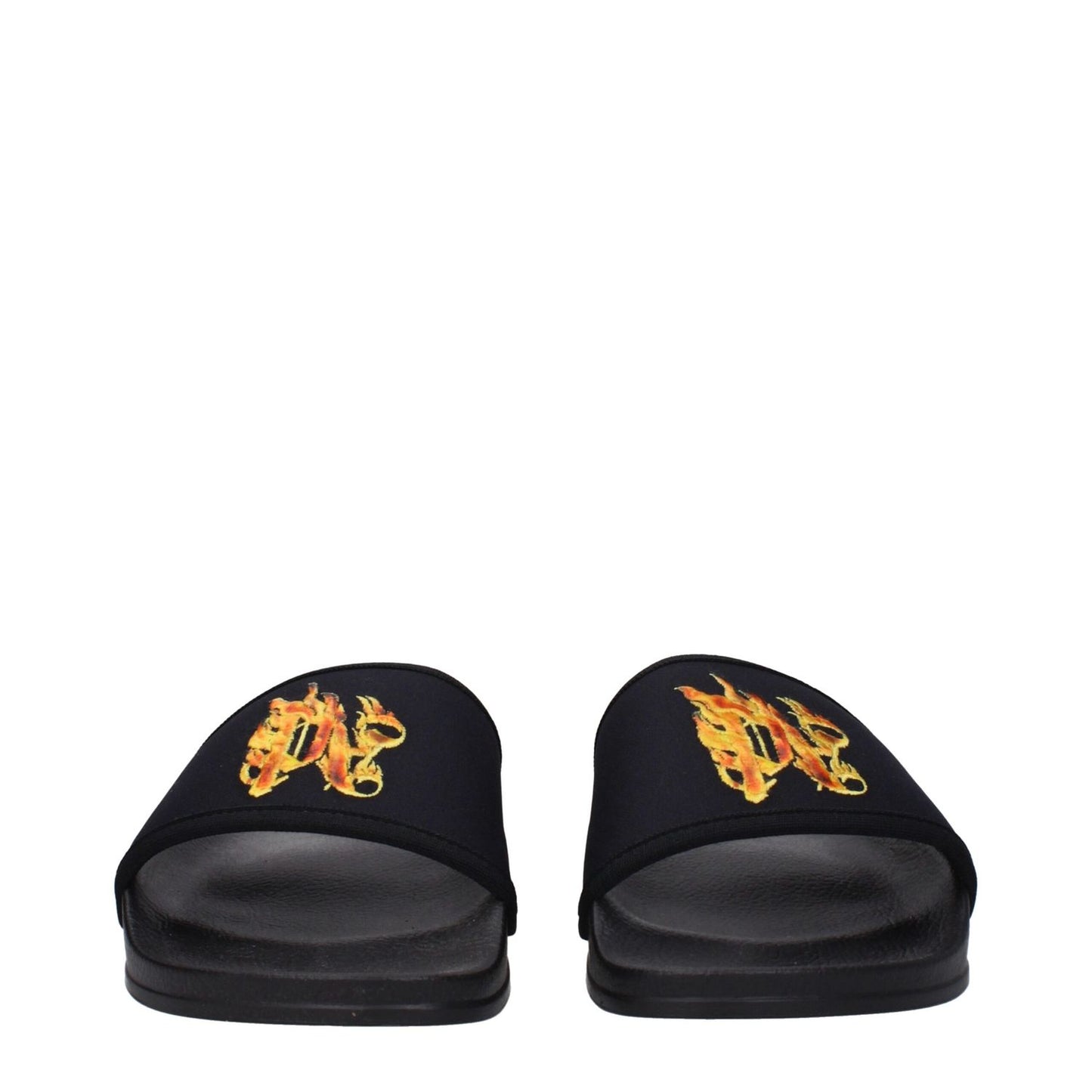 Palm Angels Black Fabric Slippers with front logo and rubber sole, featuring a low and flat heel and open toe design.