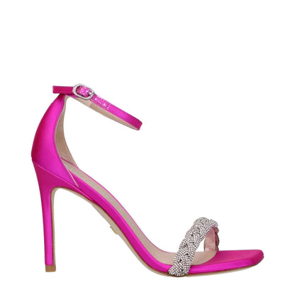 Stuart Weitzman Pink Satin Stiletto Heel Sandals with rhinestone details and buckle closure.