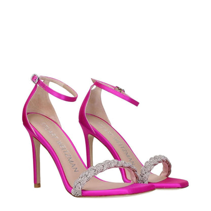 Stuart Weitzman Pink Satin Stiletto Heel Sandals with rhinestones, open toe design, and buckle closure.