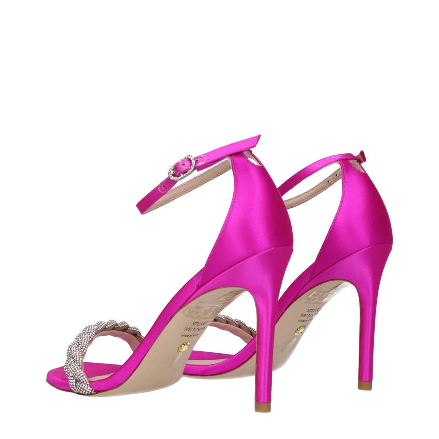 Stuart Weitzman Pink Satin Stiletto Heel Sandals with rhinestones and buckle closure, fuchsia color, leather sole, open toe, high heel