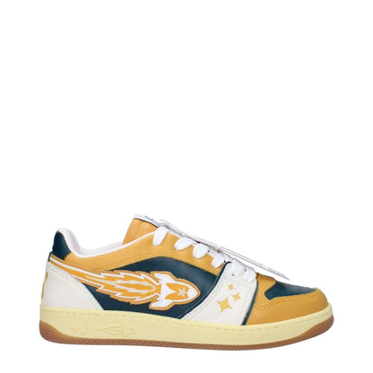 Enterprise Japan Green Leather Low Top Sneakers featuring green leather with mustard detail, round toe, and lace-up closure.