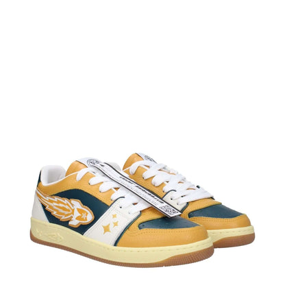 Enterprise Japan Green Leather Low Top Sneakers with front logo and mustard accents, lace-up closure, rubber sole, and round toe design.