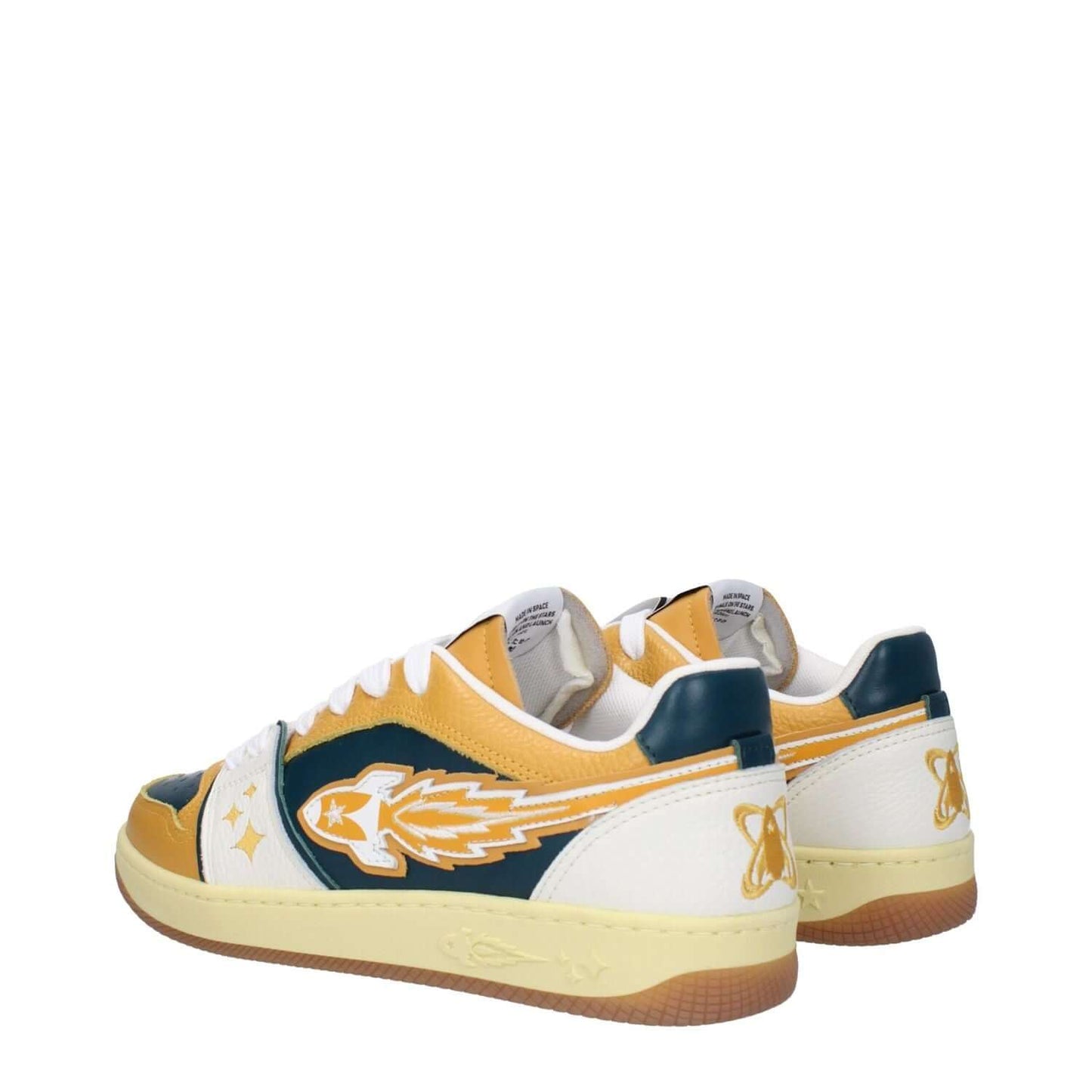 Enterprise Japan Green Leather Low Top Sneakers with logo and details, casual style, rubber sole, mustard accents, lace-up closure, round toe.