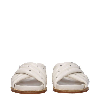 Fabiana Filippi Beige Leather Slippers with studs, open toe design, rubber sole, and low flat heel, showcasing casual style in ivory.