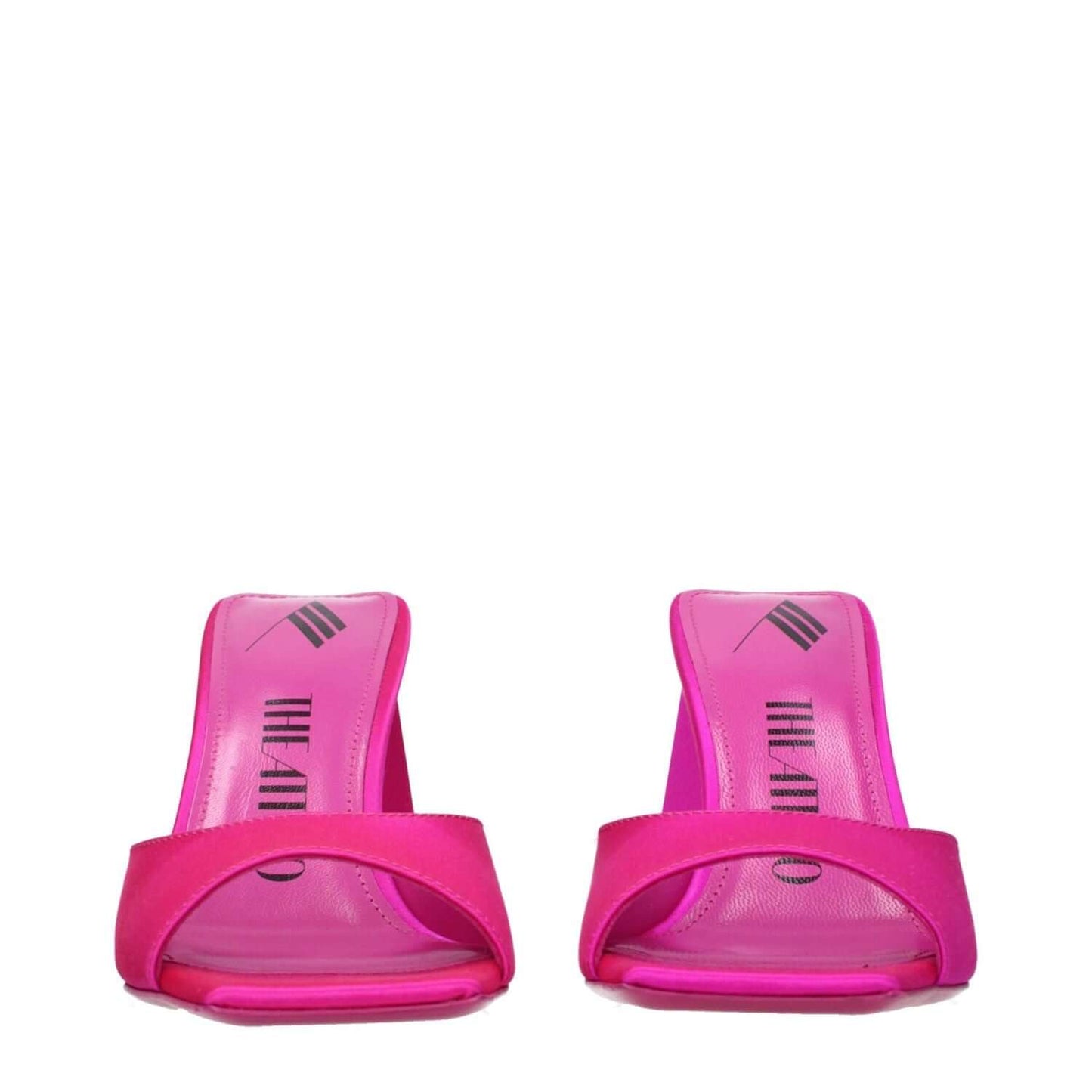 The Attico Pink Satin Stiletto Heel Sandals with open toe and mid heels, featuring leather sole and 8.5 cm heel height.