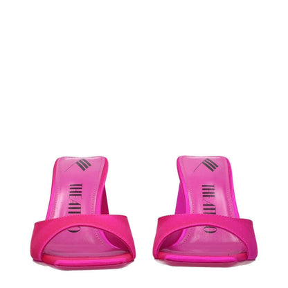 The Attico Pink Satin Stiletto Heel Sandals with open toe and mid heels, featuring leather sole and 8.5 cm heel height.