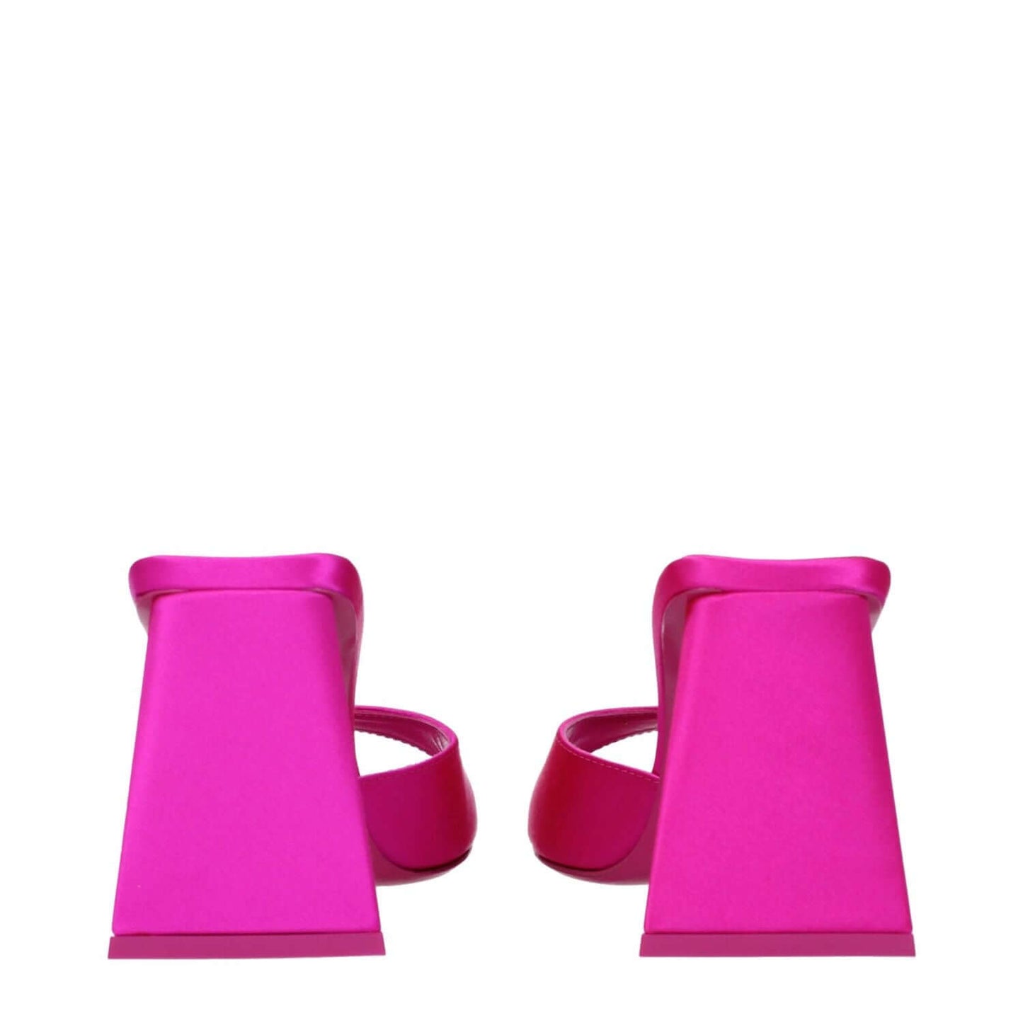 The Attico Pink Satin Stiletto Heel Sandals with mid-height heels and open toe design, showcasing fuchsia satin finish with leather sole.