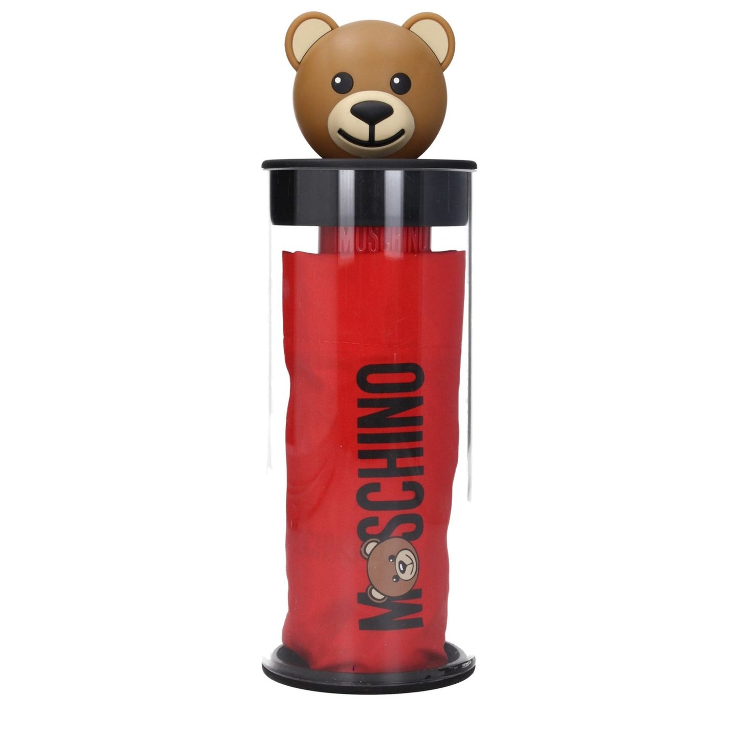 Moschino Red Polyester Umbrella in bright red with logo design, featuring a unique bear-shaped handle, casual style and clips closure.