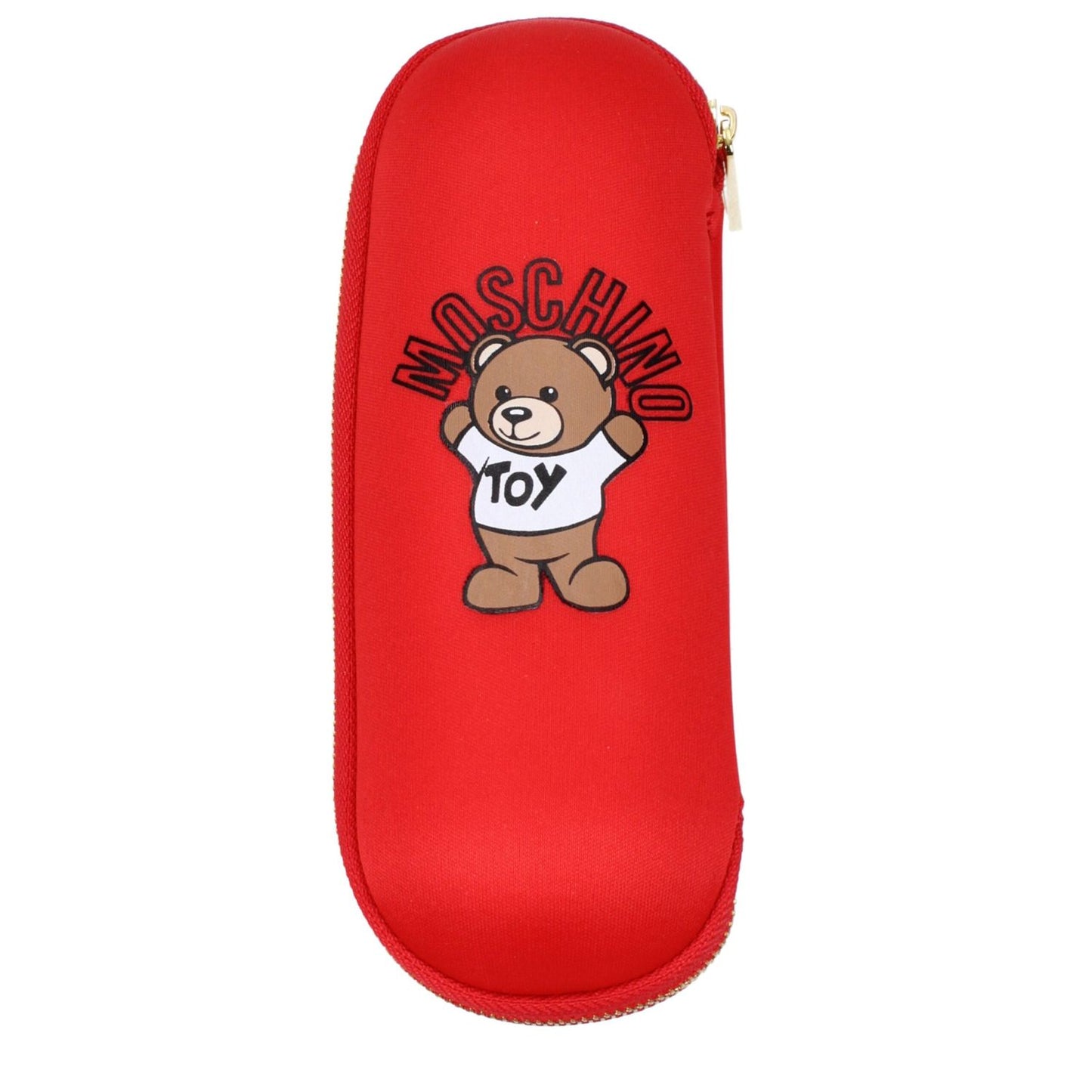 Moschino red accessory case with bear logo print featuring bright red color and zipper closure for Moschino Red Polyester Umbrella.