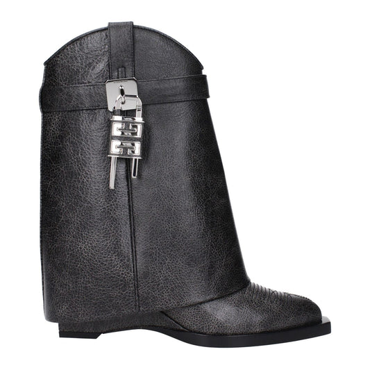 Givenchy Black Leather Ankle Boots with silver side detail and vintage effect, featuring a wedge heel and pointy toe.