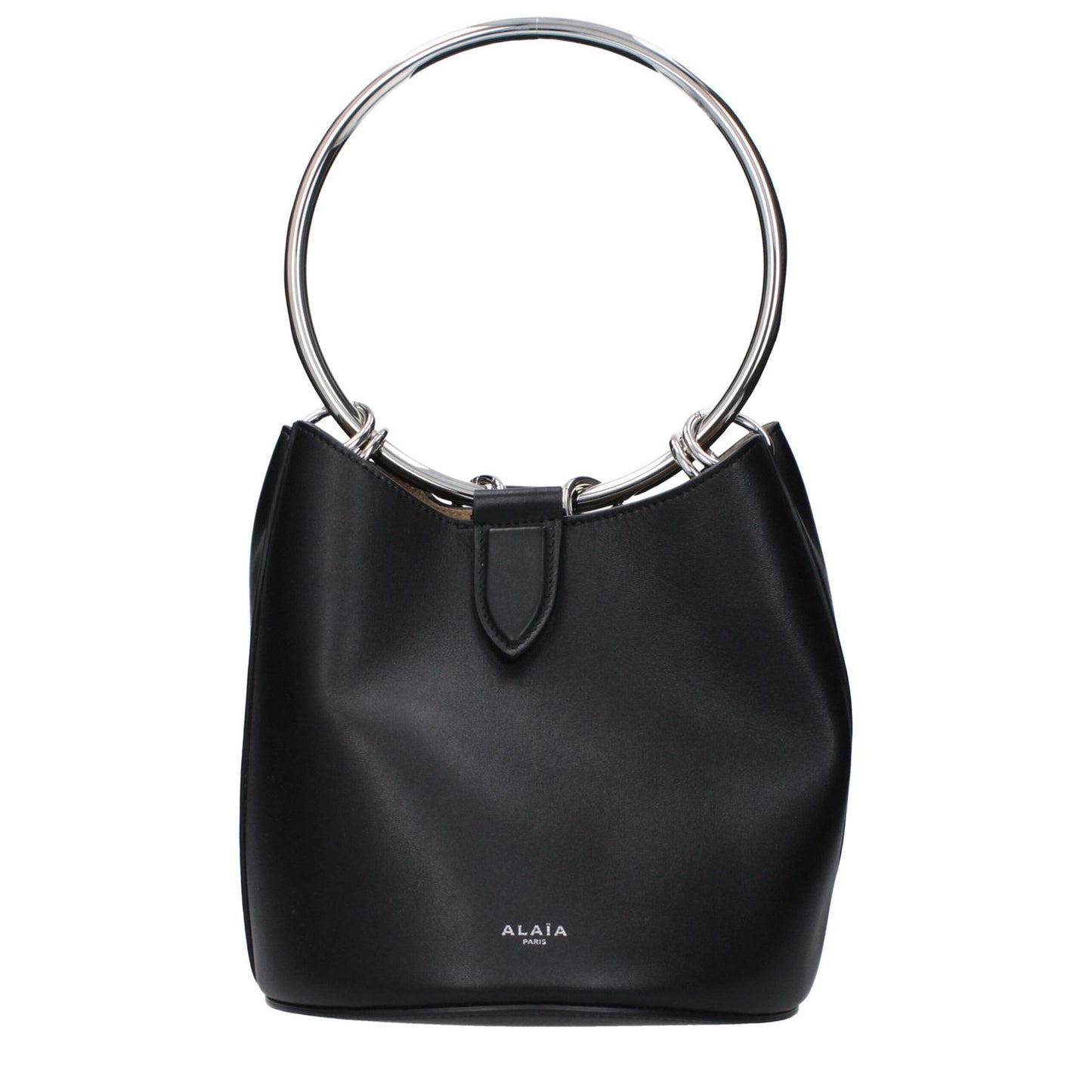 Alaïa Black Leather Handbag with magnetic closure, featuring a removable inner clutch and front logo. Medium size, casual style.