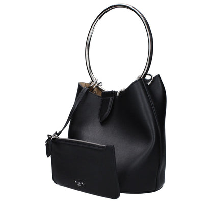 Alaïa Black Leather Handbag with removable inner clutch, front logo, medium size, and magnetic closure.