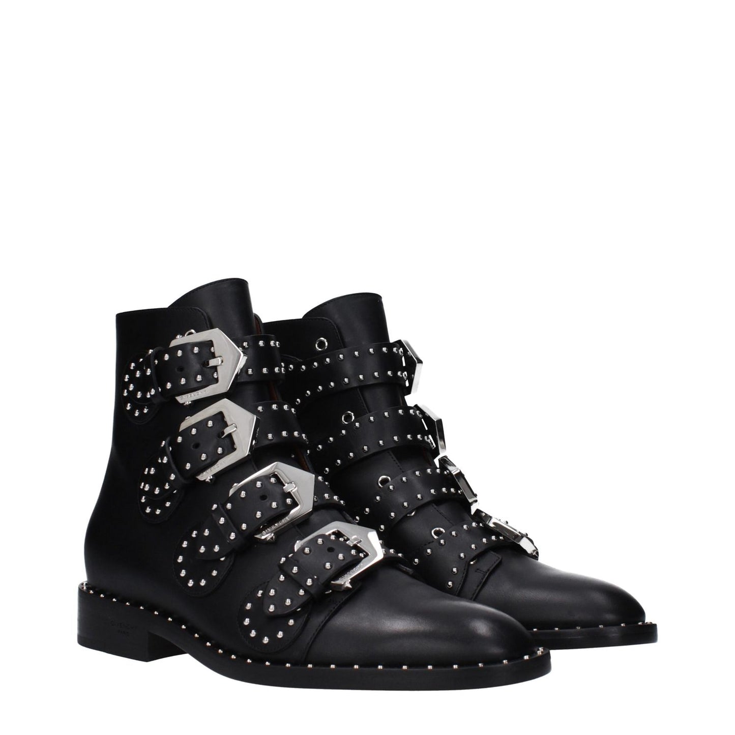 Givenchy Black Leather Ankle Boots with stud details, buckle closure, round toe, leather sole, low flat heel, casual style.