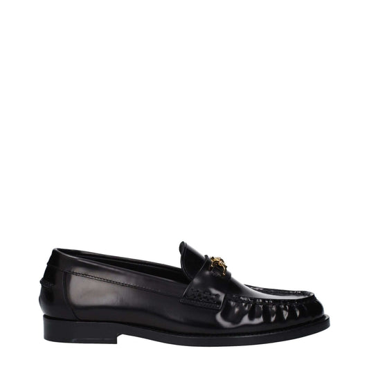 Versace Black Leather Slip-On Loafers with front detail and logo, round toe, low flat heel, casual leather sole.