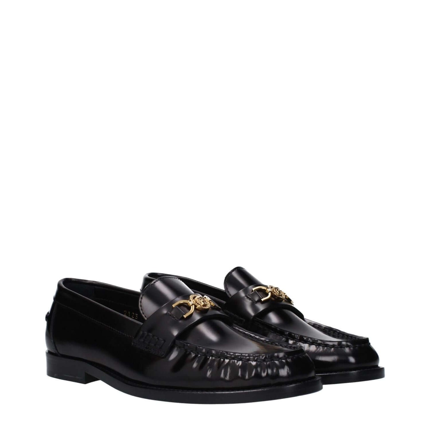 Versace Black Leather Slip-On Loafers with front detail and logo, featuring round toe and low flat leather sole for casual style.
