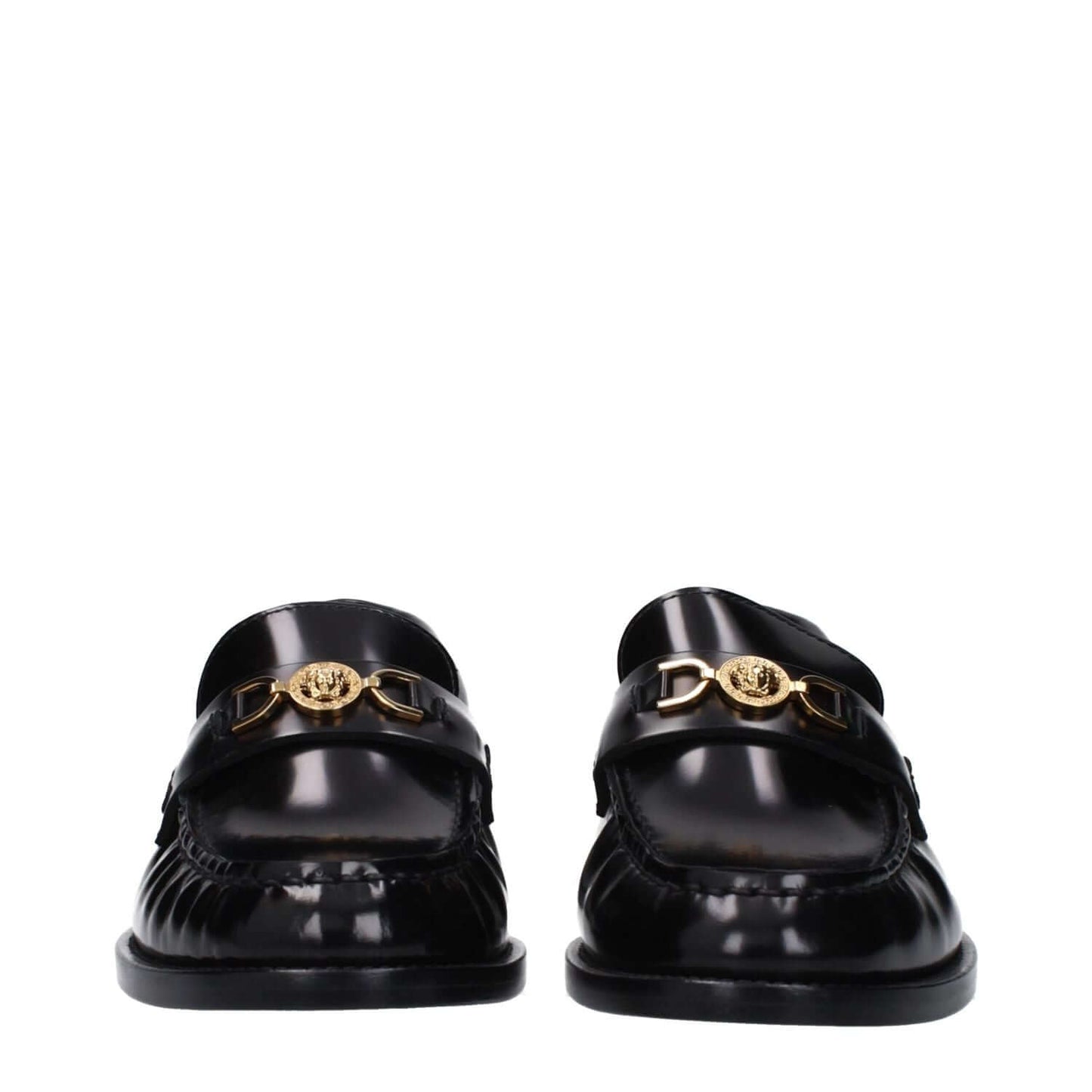 Versace Black Leather Slip-On Loafers with front logo and low flat heel.