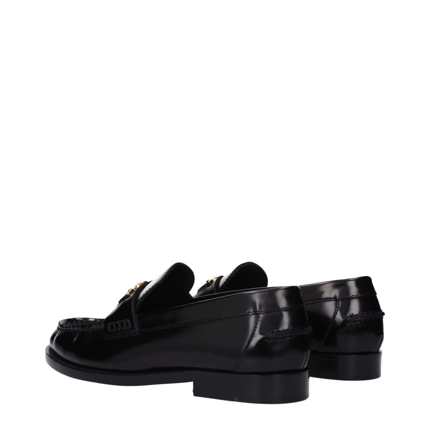 Versace Black Leather Slip-On Loafers with front detail and logo, leather sole, round toe, and low flat heel.