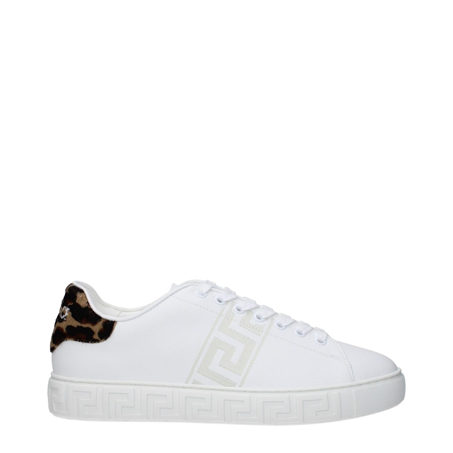 Versace White Leather Low Top Sneakers with leopard detail, lace-up closure, rubber sole, round toe, and logo accents.
