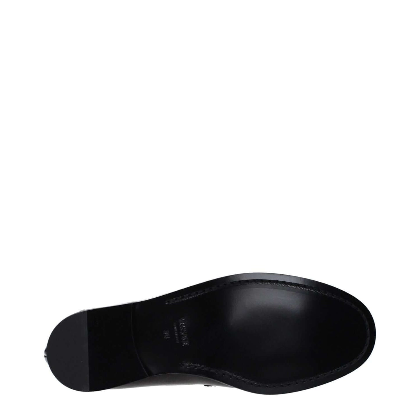 Sole view of Versace Black Leather Slip-On Loafers with leather sole and round toe design.